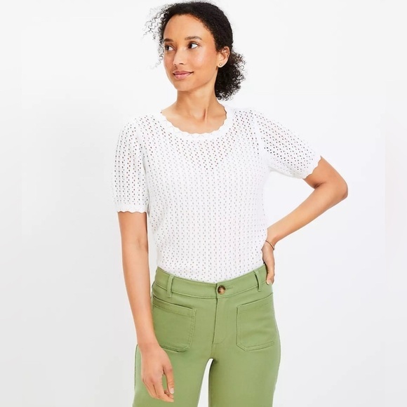 LOFT XS Scalloped Keyhole Back Open Knit Crochet Top Short Sleeved Hippy Boho - Picture 1 of 7